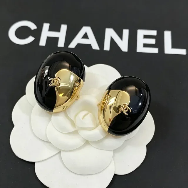 Chanel Oval Two-Tone Enamel and Gold-Tone CC Logo Earrings 10