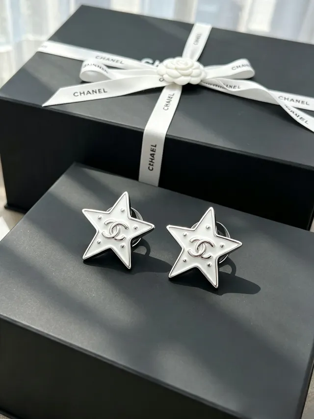 Chanel Star White Silver Enamel Earrings 10