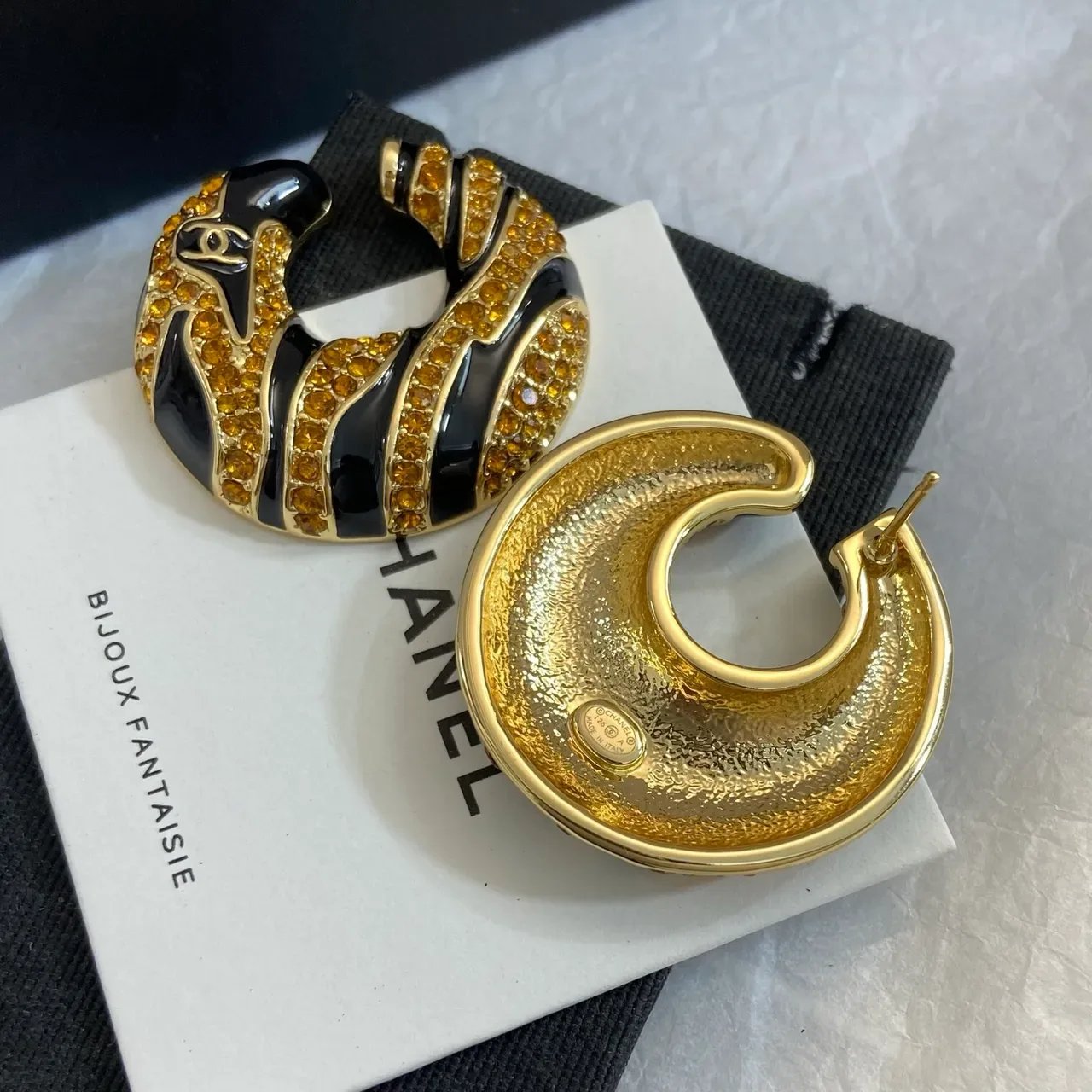 Chanel Zebra-Stripe Crystal and Black Enamel Hoop Earrings 2