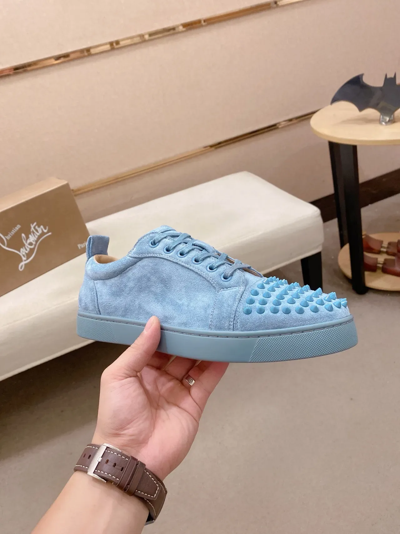 Christian Louboutin Lou Spikes Light Blue Suede Lifestyle Sneakers 4