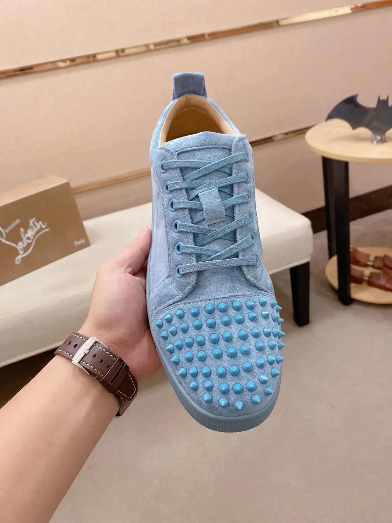 Christian Louboutin Lou Spikes Light Blue Suede Lifestyle Sneakers 5