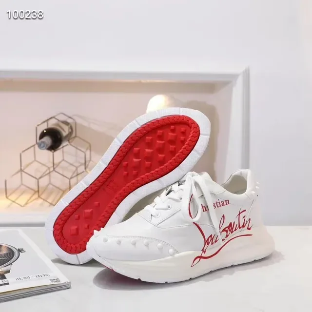 Christian Louboutin أبيض أحمر علوية جلدية مثلية علامة نصية سكريبت أسلوب حياة سنيكرز 5
