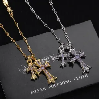 Chrome Hearts डबल क्रॉस बैंगनी पत्थर सोना और चांदी का हार