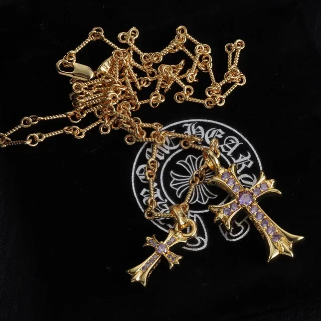 Chrome Hearts Doble Cruz Collar Piedra Morada Oro y Plata 2