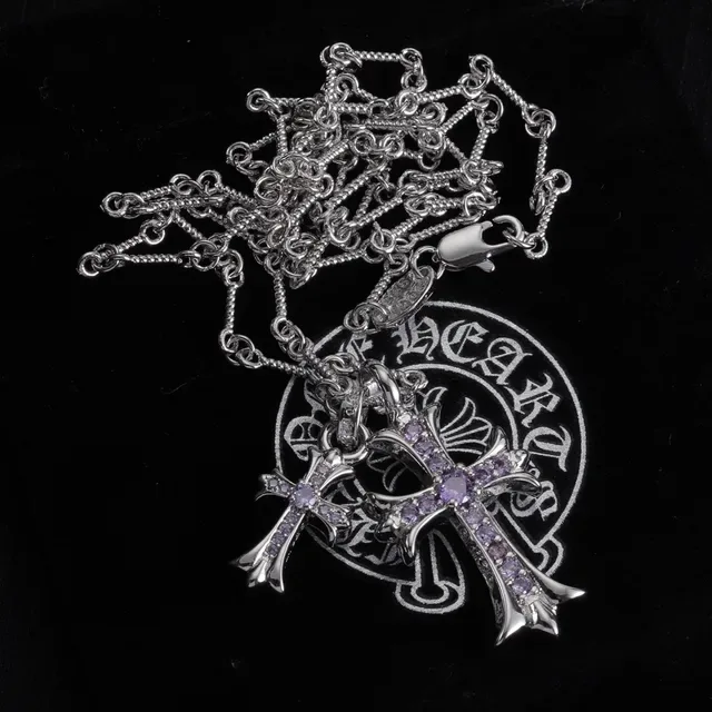 Chrome Hearts Doble Cruz Collar Piedra Morada Oro y Plata 3