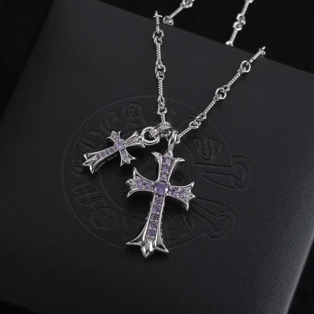Chrome Hearts Doble Cruz Collar Piedra Morada Oro y Plata 4