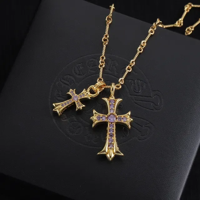 Chrome Hearts Doble Cruz Collar Piedra Morada Oro y Plata 5