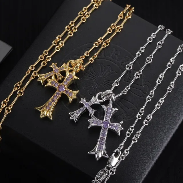 Chrome Hearts Doble Cruz Collar Piedra Morada Oro y Plata 6