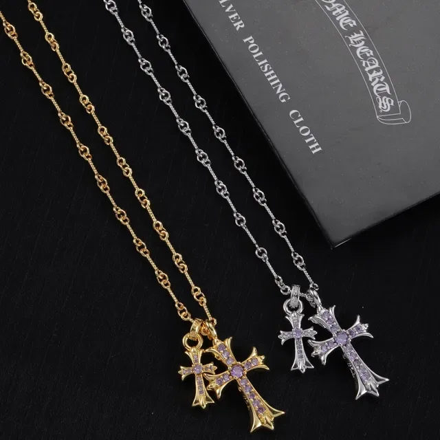 Chrome Hearts Doble Cruz Collar Piedra Morada Oro y Plata 7