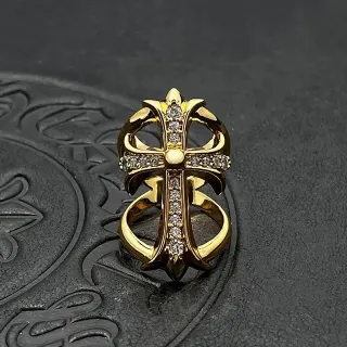 Chrome Hearts Gold Silver Gothic Cross Pavé Crystal Ring