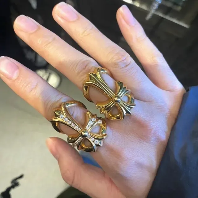 Chrome Hearts Gold Silver Gothic Cross Pavé Crystal Ring 2