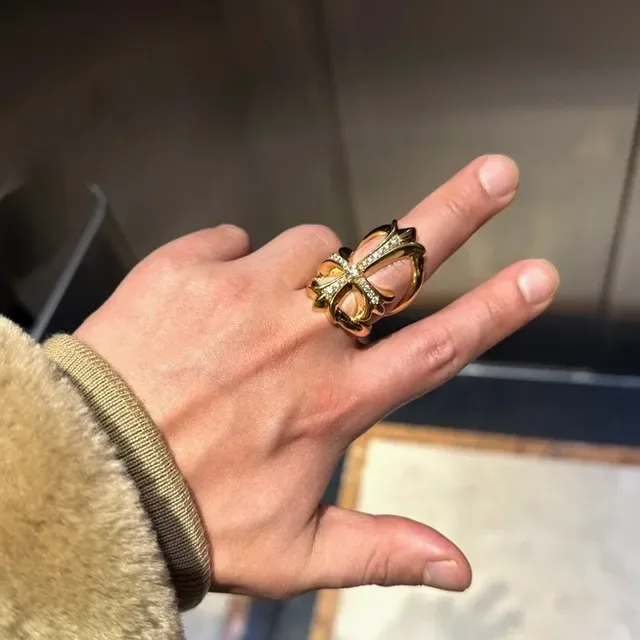 Chrome Hearts Gold Silver Gothic Cross Pavé Crystal Ring 3