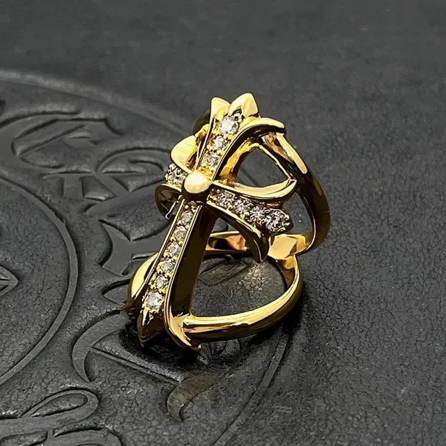 Chrome Hearts Gold Silver Gothic Cross Pavé Crystal Ring 6