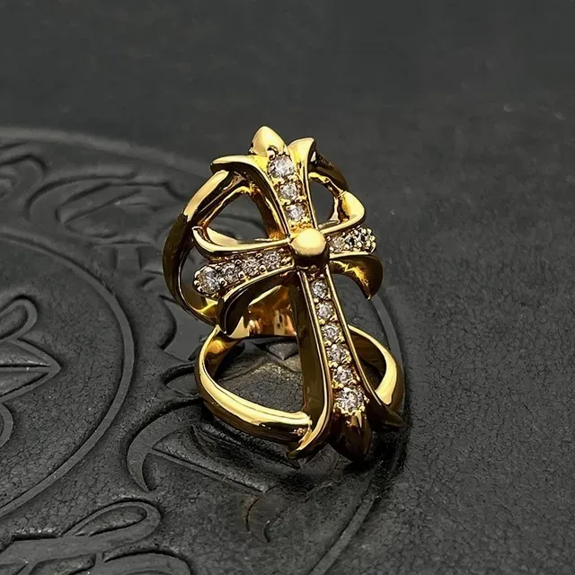 Chrome Hearts Gold Silver Gothic Cross Pavé Crystal Ring 7