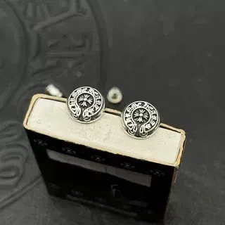 Chrome Hearts Silver Black Circular Stud Engraved Cross Motif Earrings