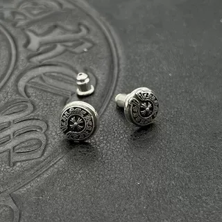 Chrome Hearts Silver Black Circular Stud Engraved Cross Motif Earrings 5