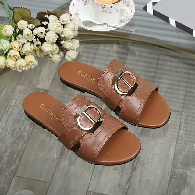 Christian Dior Brown Silver Double-Strap Metal CD Buckle Slippers 2