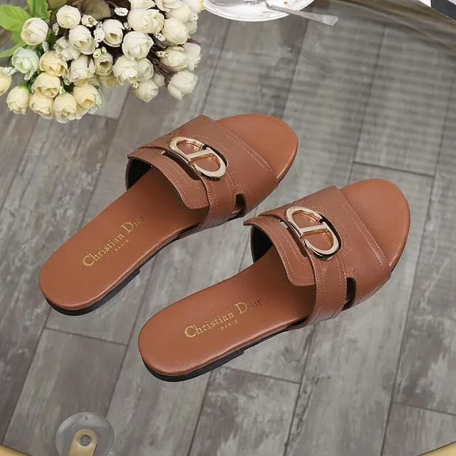 Christian Dior Brown Silver Double-Strap Metal CD Buckle Slippers 3