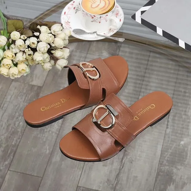Christian Dior Brown Silver Double-Strap Metal CD Buckle Slippers 4