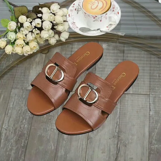 Christian Dior Brown Silver Double-Strap Metal CD Buckle Slippers 5