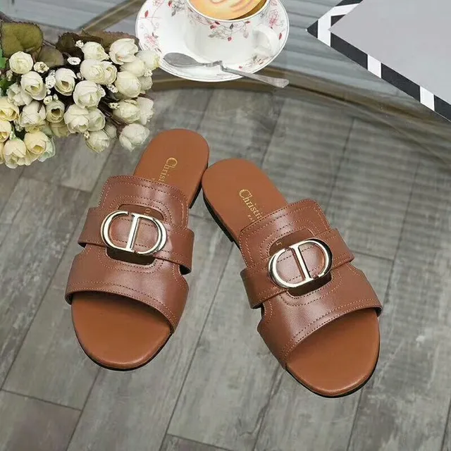 Christian Dior Brown Silver Double-Strap Metal CD Buckle Slippers 7