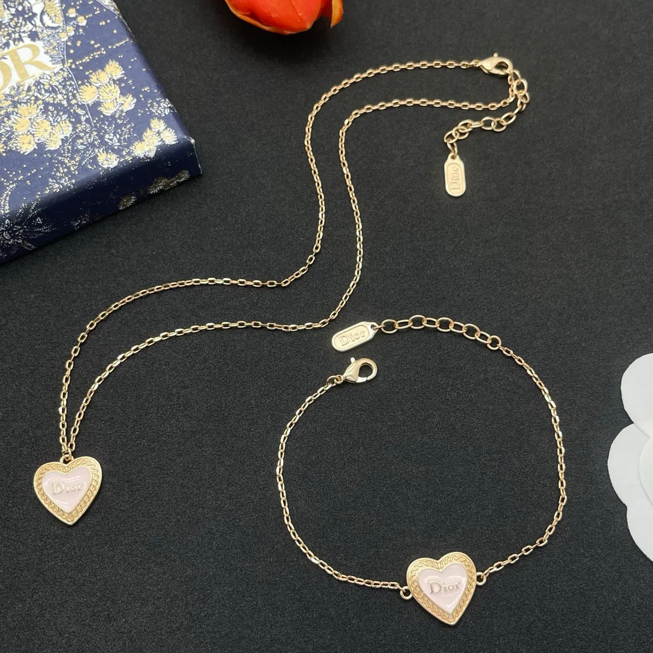 Dior Amour Gold Pink Chain Heart-Shaped Pendant Necklace 2