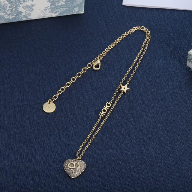Dior Amour सلسلة ذهبية فضية Pavé Crystal Heart Pendant Necklace 5