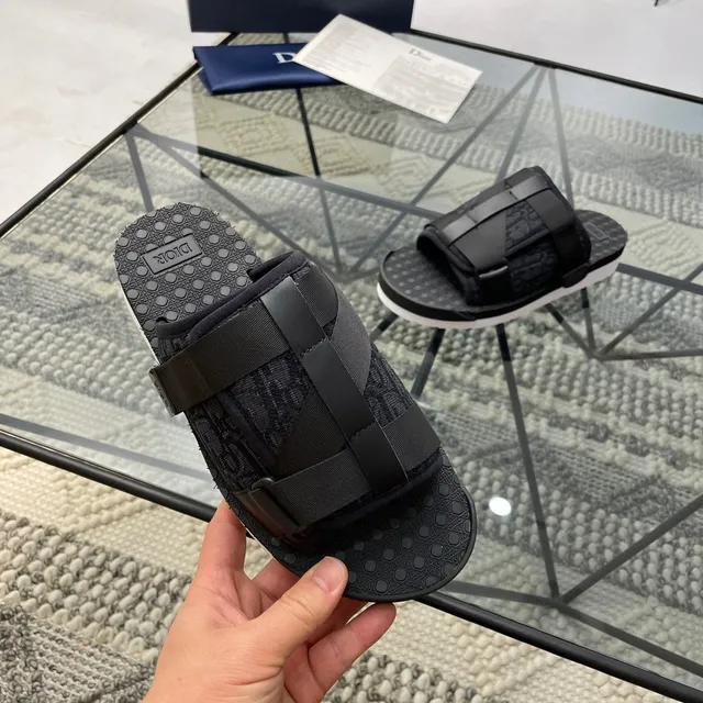 Dior B27 Preto Branco Monogramado Têxtil Palmilha Larga Tira Cruzada Chinelos 4