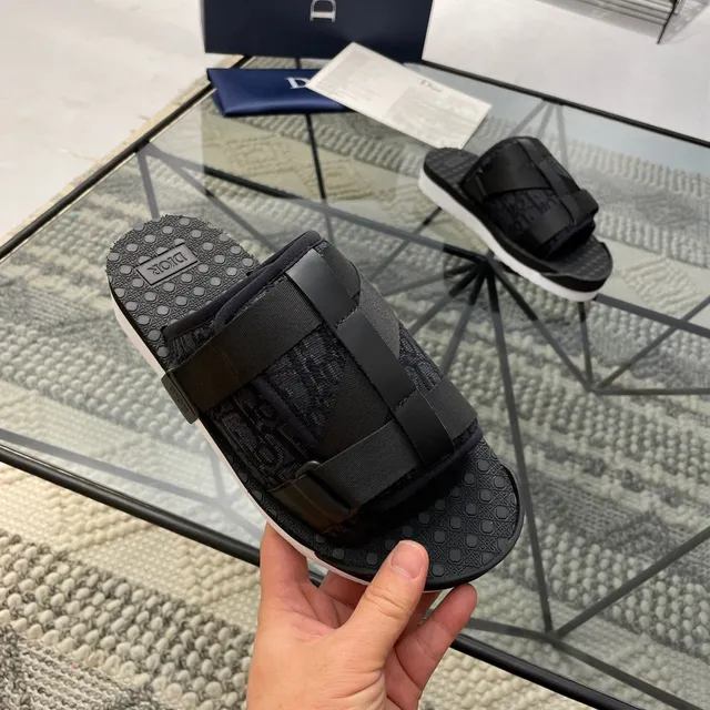 Dior B27 Preto Branco Monogramado Têxtil Palmilha Larga Tira Cruzada Chinelos 5