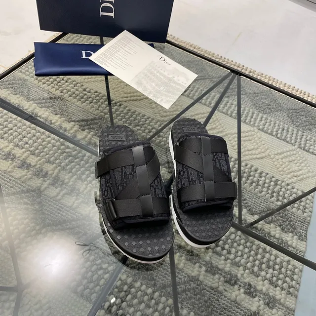 Dior B27 Preto Branco Monogramado Têxtil Palmilha Larga Tira Cruzada Chinelos 6