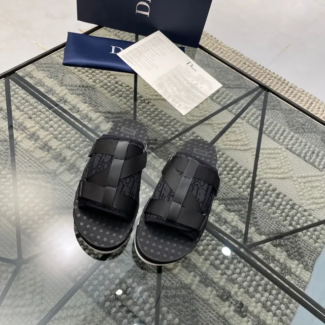 Dior B27 Preto Branco Monogramado Têxtil Palmilha Larga Tira Cruzada Chinelos 7