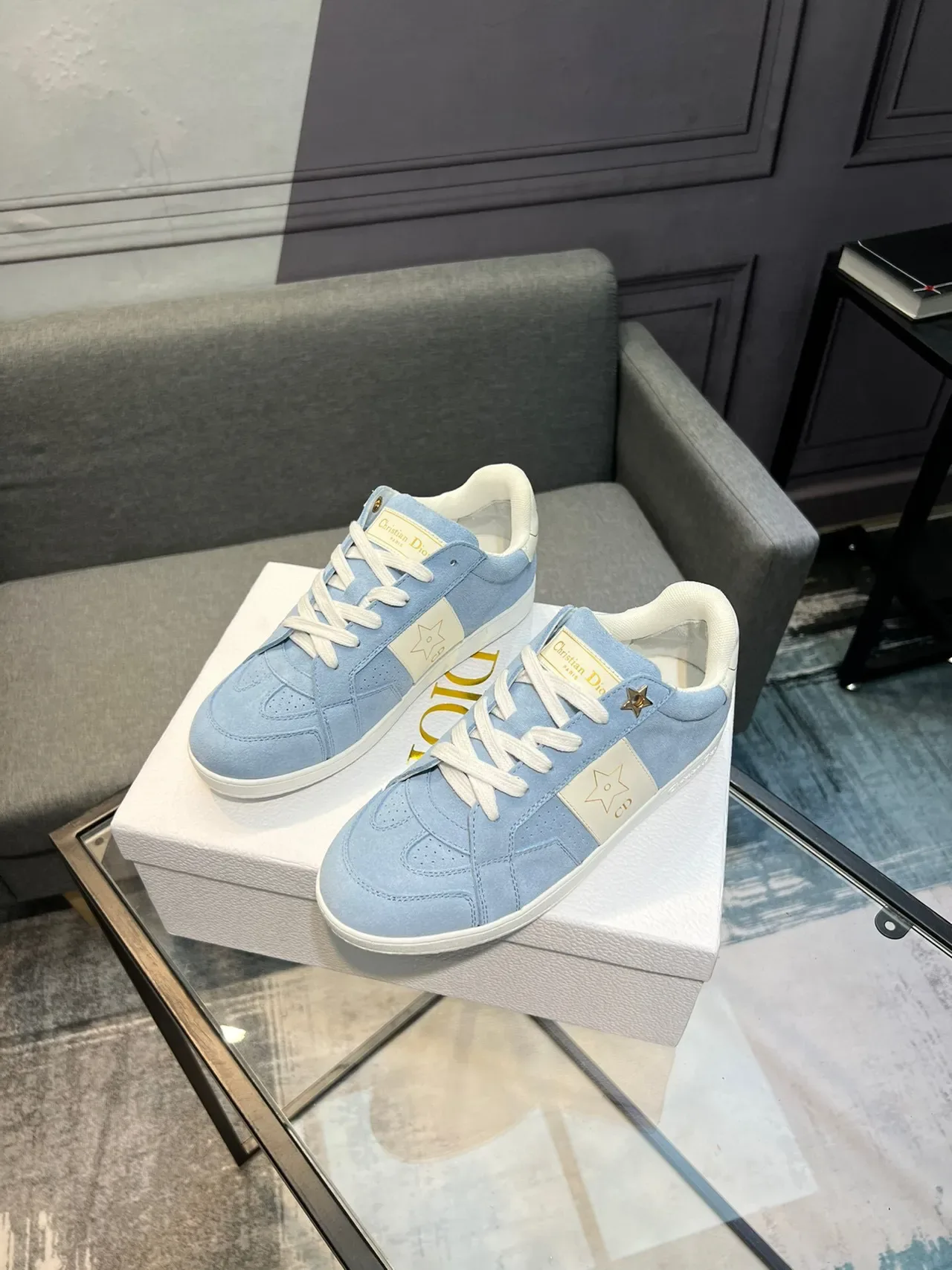 Dior B27 Light Blue Suede Star Motif Lifestyle Sneakers 3