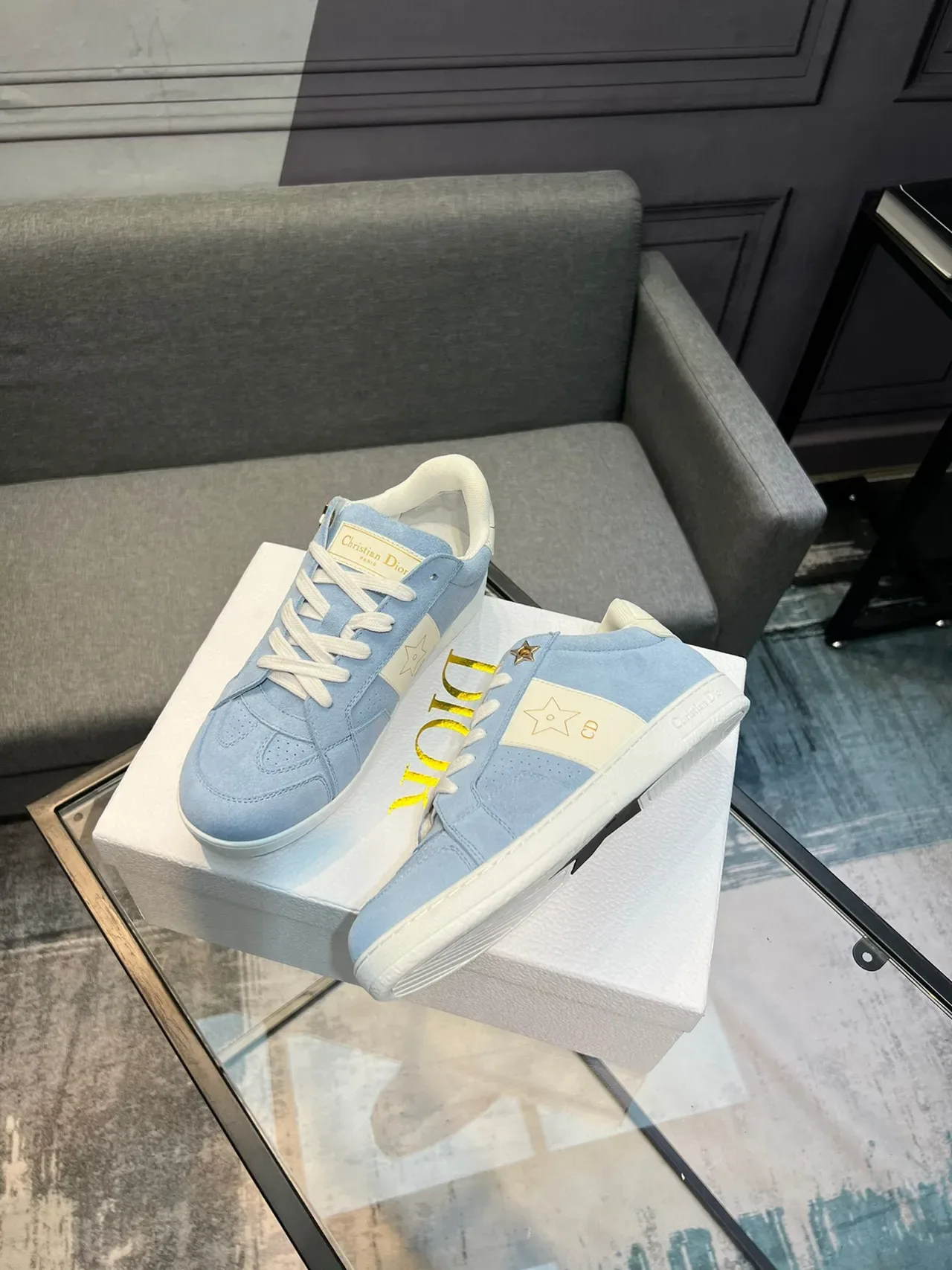 Dior B27 Light Blue Suede Star Motif Lifestyle Sneakers 4