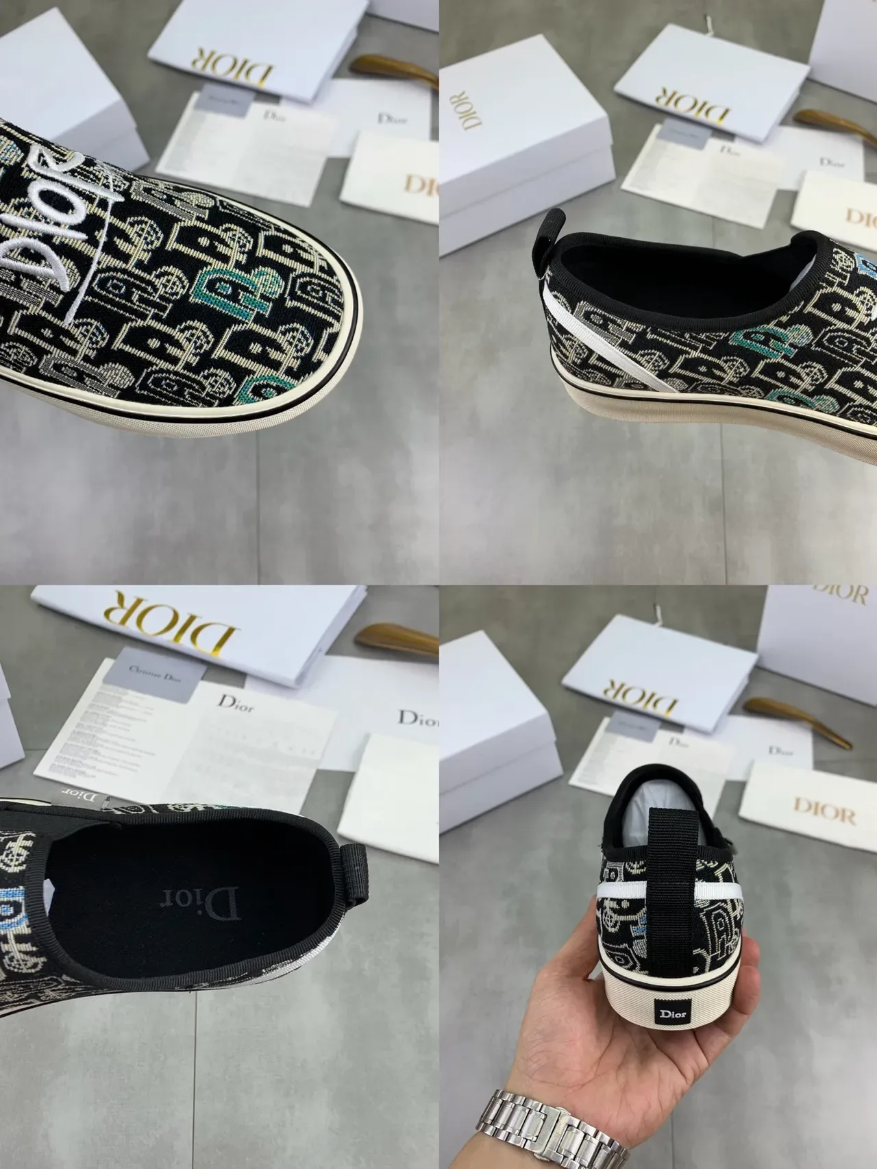 Dior أسود بيج نسيج جاكار slip-on lifestyle sneakers 2
