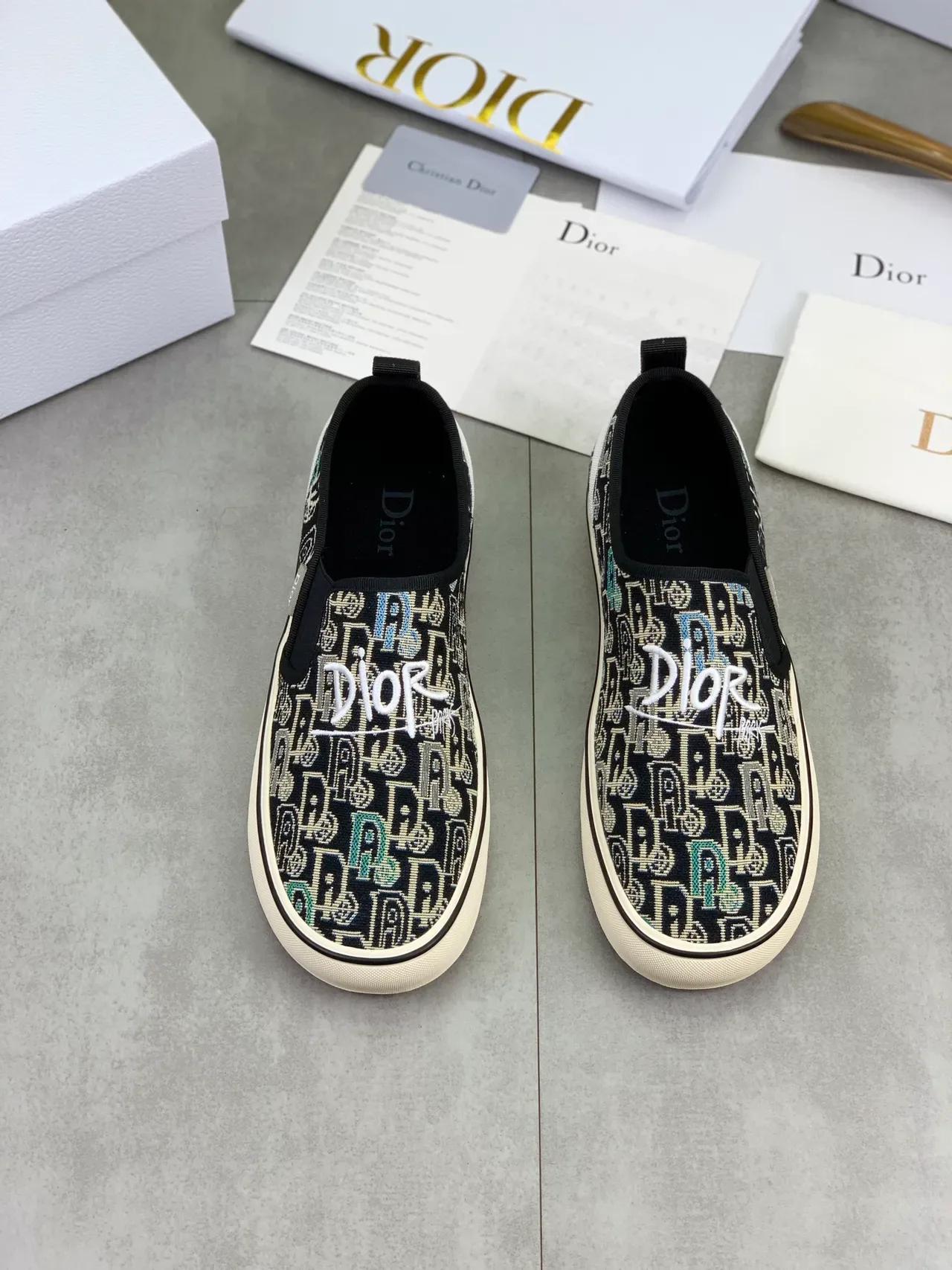 Dior أسود بيج نسيج جاكار slip-on lifestyle sneakers 4