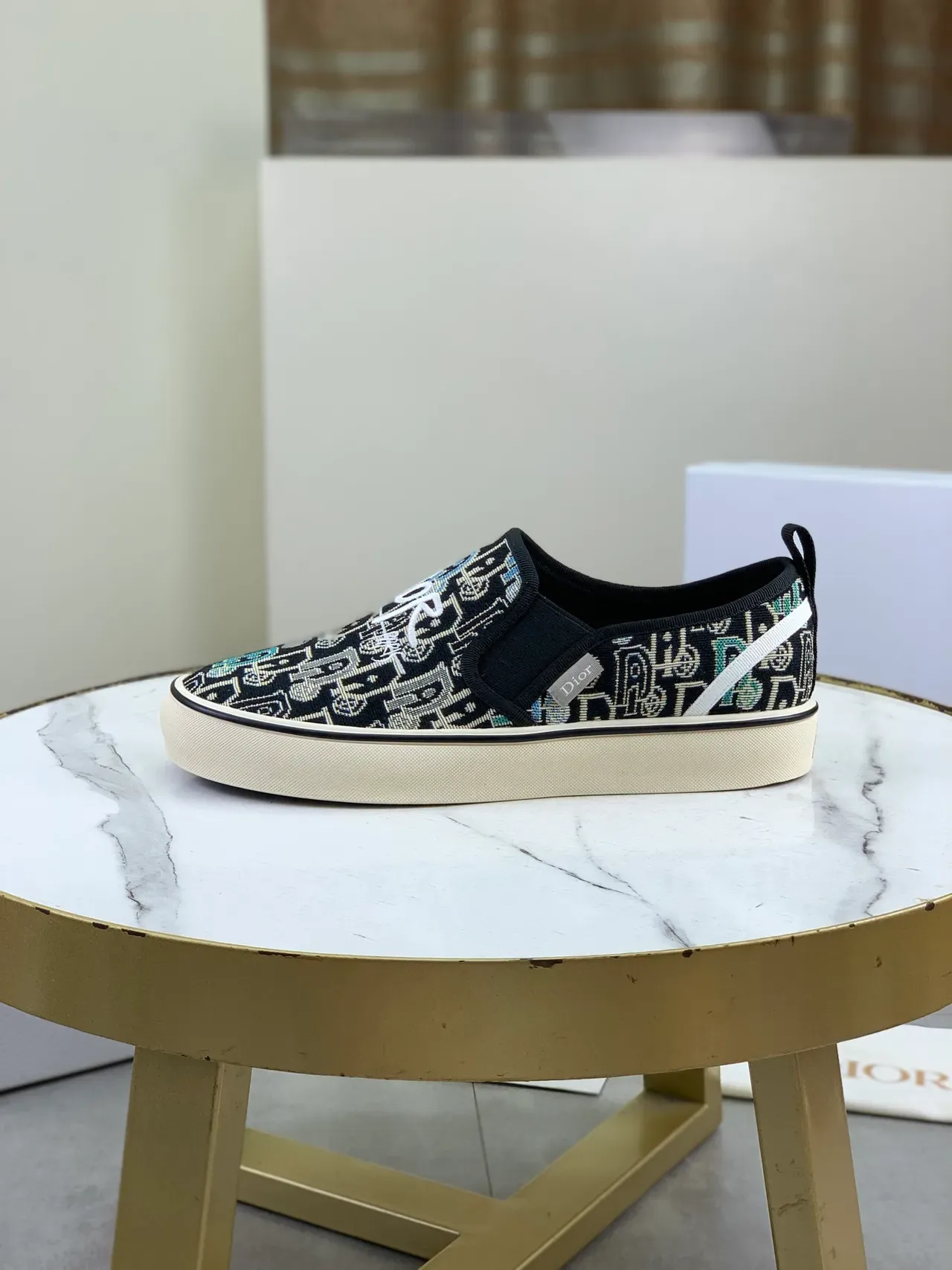 Dior أسود بيج نسيج جاكار slip-on lifestyle sneakers 5