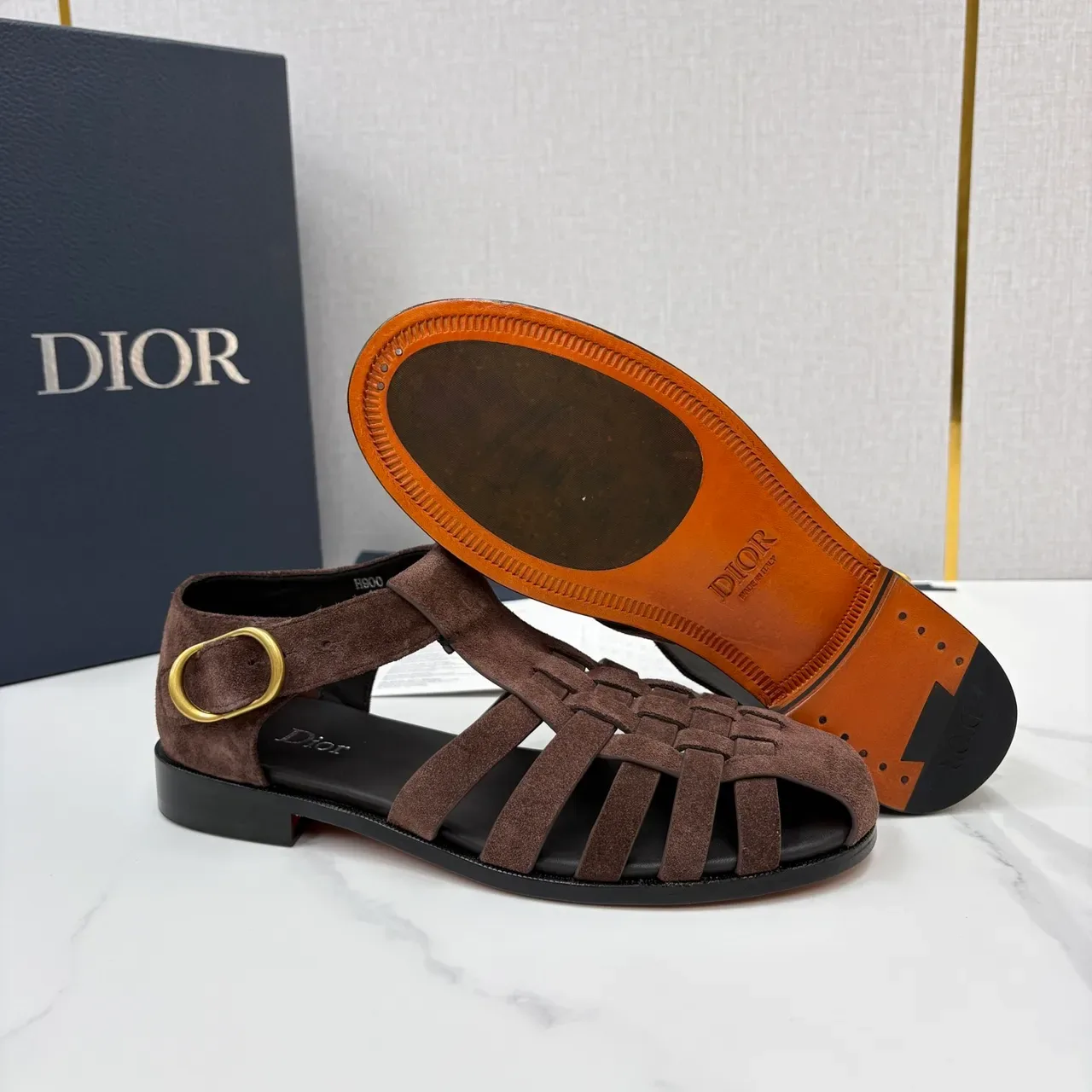 Dior 棕黑 编织麂皮 T字带 角斗士凉鞋 2