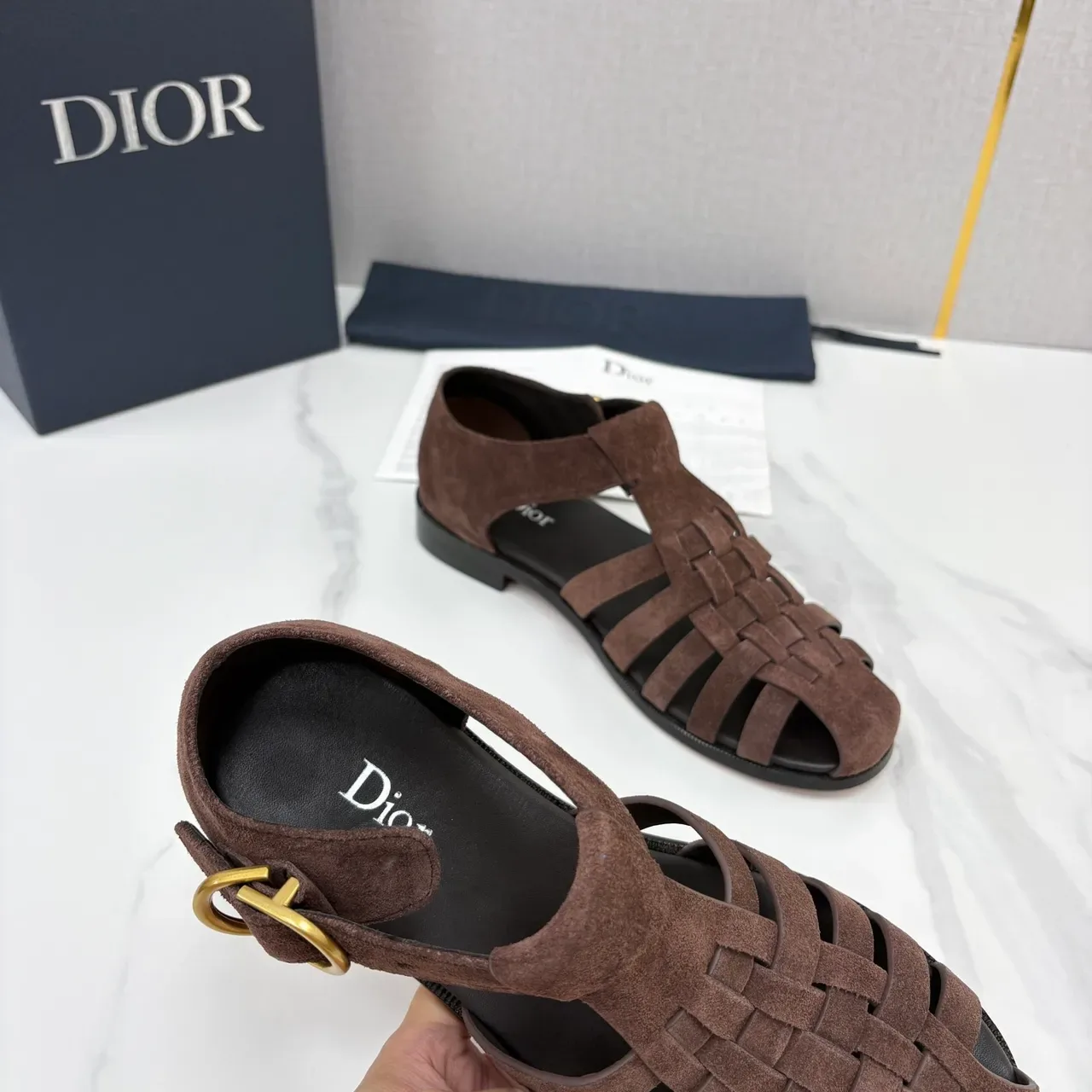 Dior 棕黑 编织麂皮 T字带 角斗士凉鞋 3