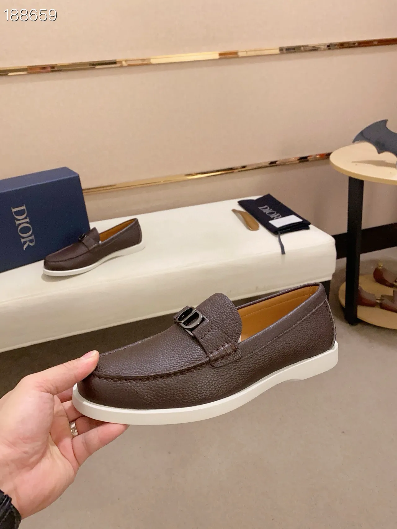 Dior Brown White Pebbled Leather CD-Buckle Strap Loafer 5