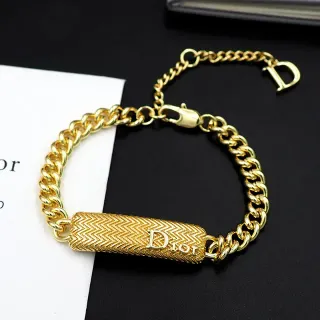Dior Gold Curb Chain Textured Rectangular Bar Bracelet