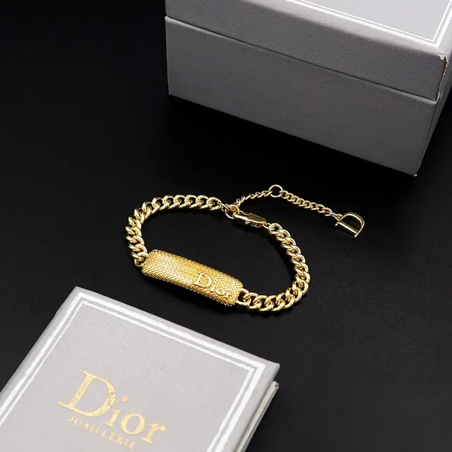Dior Gold Curb Chain Textured Rectangular Bar Bracelet 3