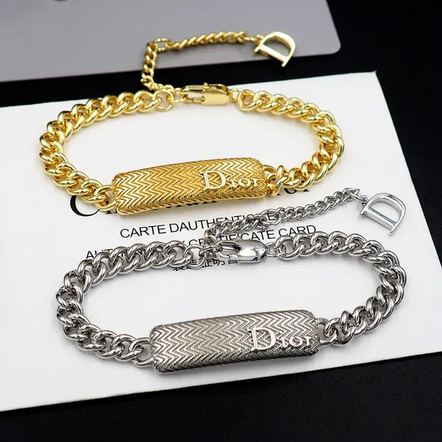 Dior Gold Curb Chain Textured Rectangular Bar Bracelet 10