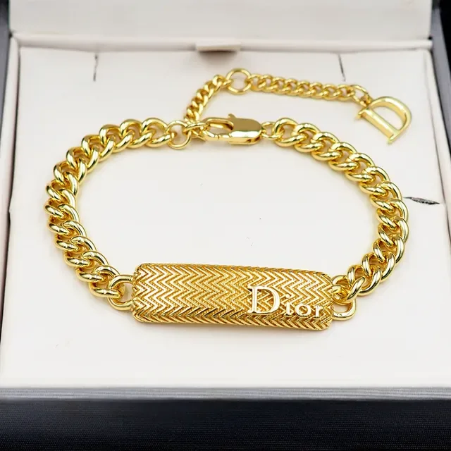 Dior Gold Curb Chain Textured Rectangular Bar Bracelet 12