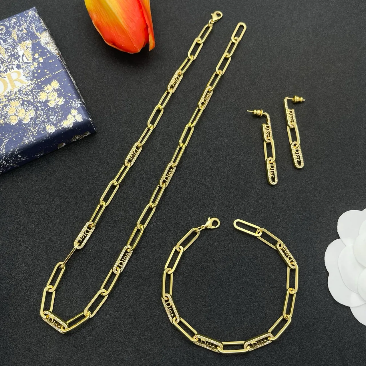 Dior Gold Paperclip Chain Diamond-Paved Branded Links Necklace 2