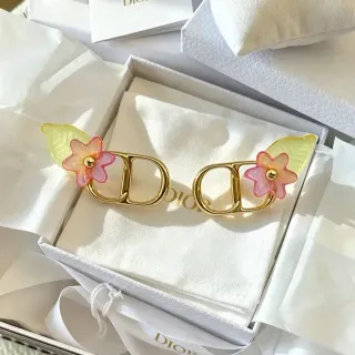 Dior Doré Rose CD Logo Cadre Résine Translucide Fleurs Boucles d'oreilles