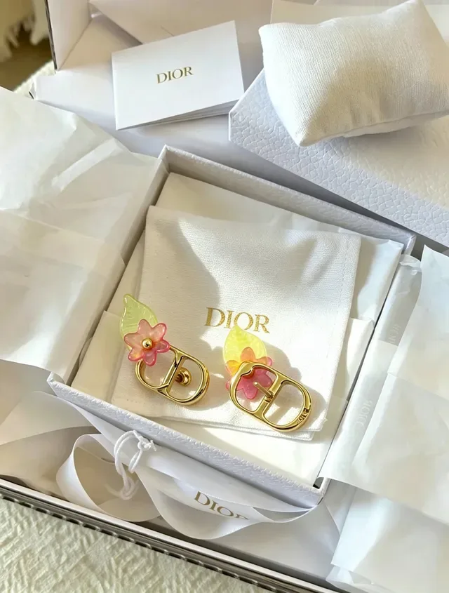Dior Doré Rose CD Logo Cadre Résine Translucide Fleurs Boucles d'oreilles 3
