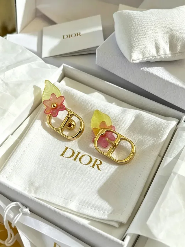 Dior Doré Rose CD Logo Cadre Résine Translucide Fleurs Boucles d'oreilles 4