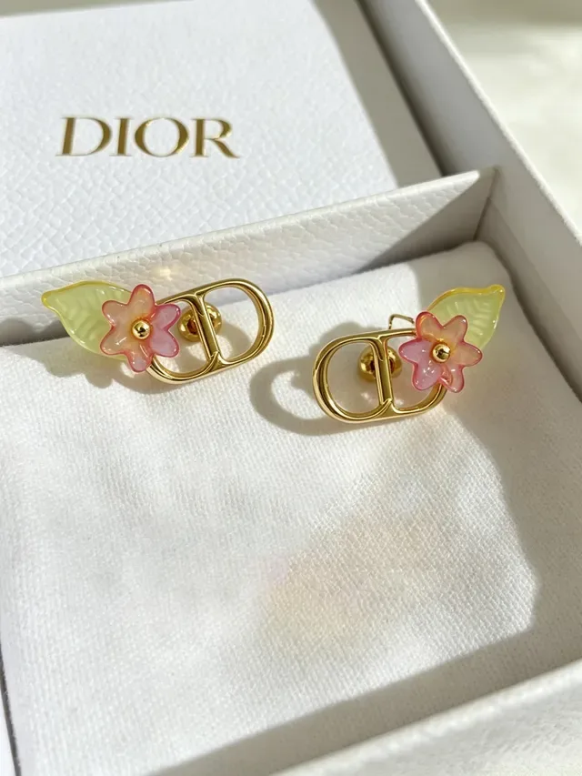 Dior Doré Rose CD Logo Cadre Résine Translucide Fleurs Boucles d'oreilles 5