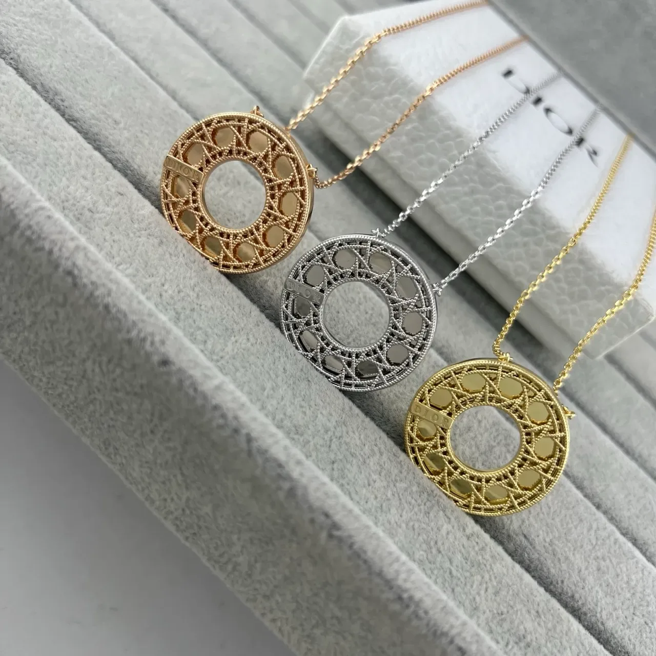 Dior Gold Silver Circular Openwork Pendant Geometric Lattice Design Necklace 6