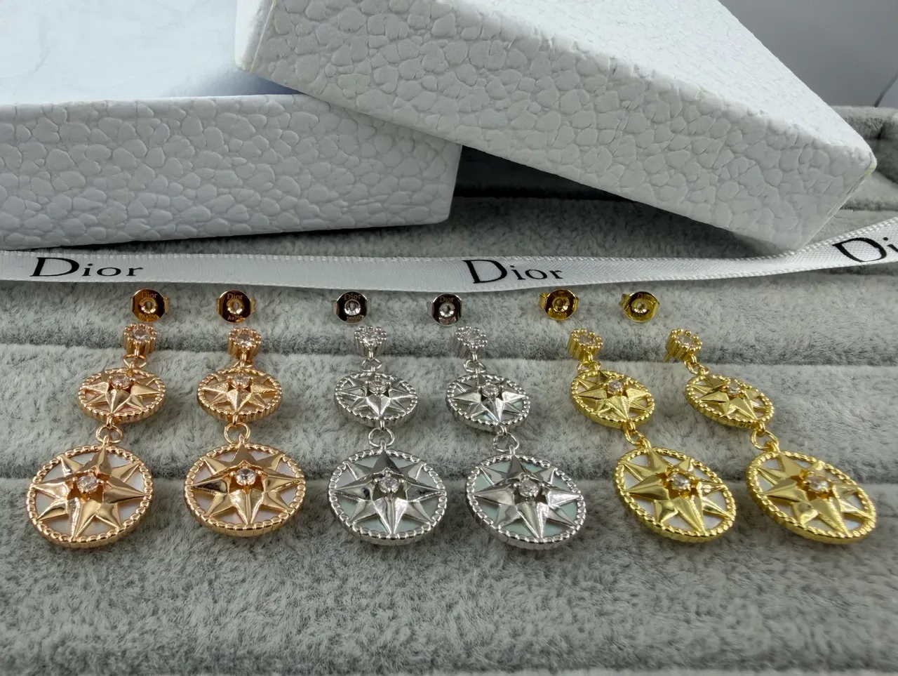 Dior Pendientes oro plata doble niveles motivo brújula estrella madreperla incrustado 4